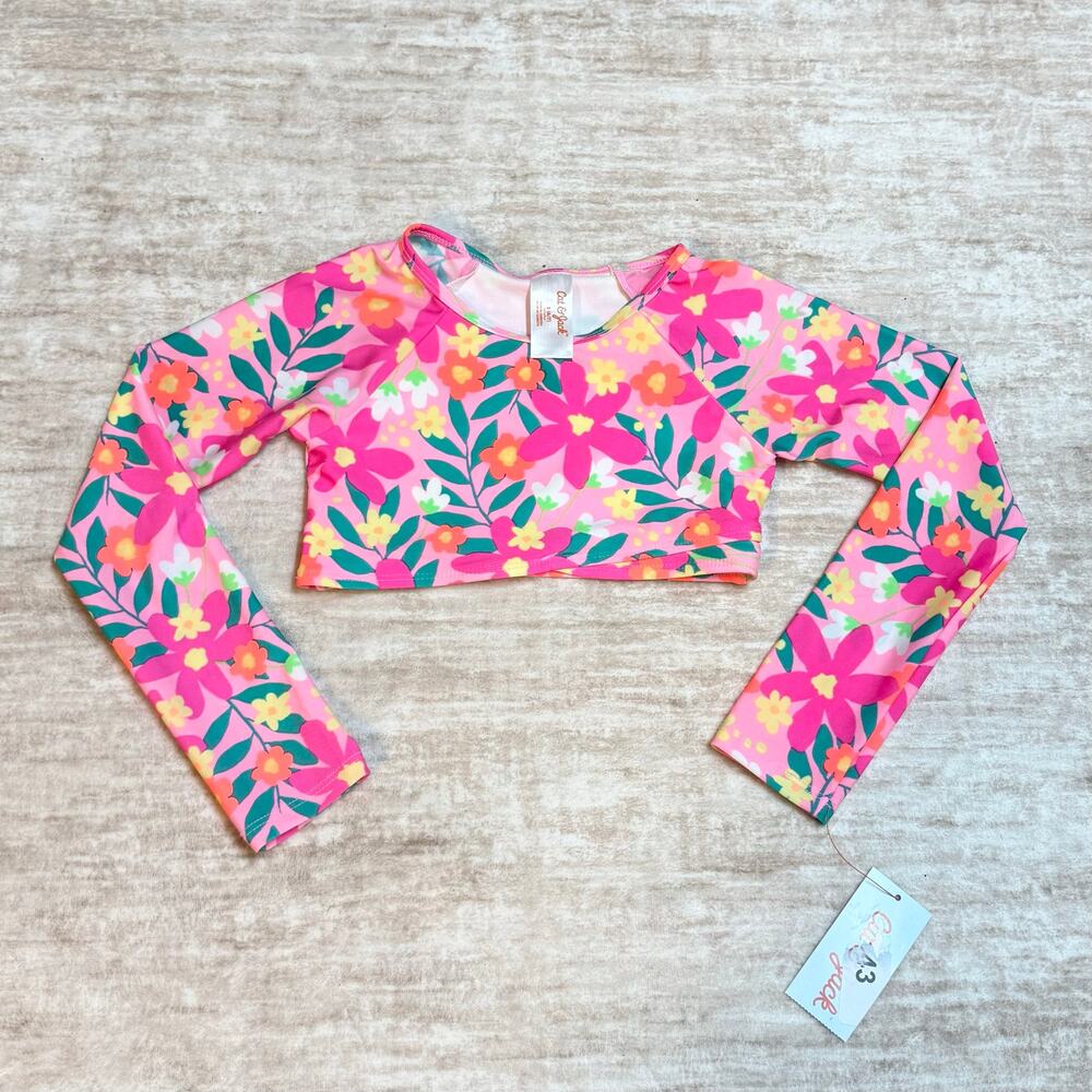 Cat & Jack Girls Small 6 7 Pink Floral Printed Long Sleeve Swim Suit Top New